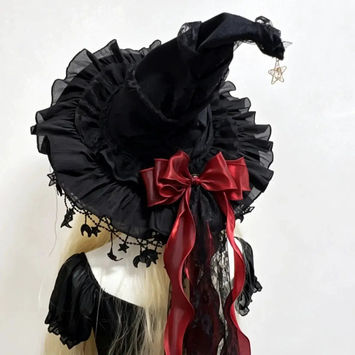 Witch Hat | Lace Trim | Velvet Material | Moon Pendant