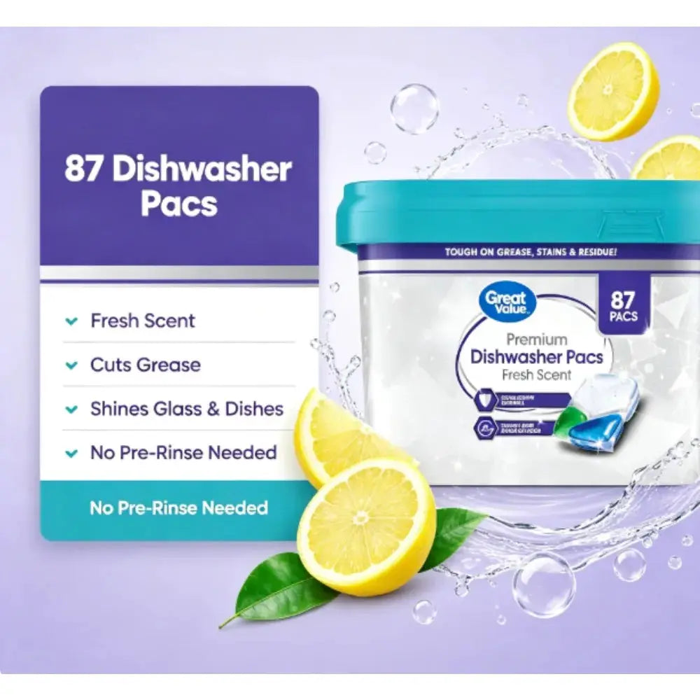 Great Value Dishwashing Tablets | Premium Formula | Fresh Scent | 87 Count