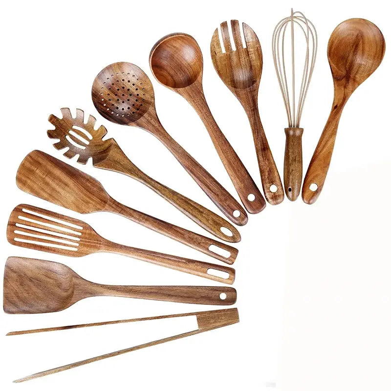 LMETJMA 10 Pack Natural Teak Wooden Kitchen Utensil Set Wooden Spoons Spatula Cooking Utensil Set For Cooking Baking JT503 from PriceLows™