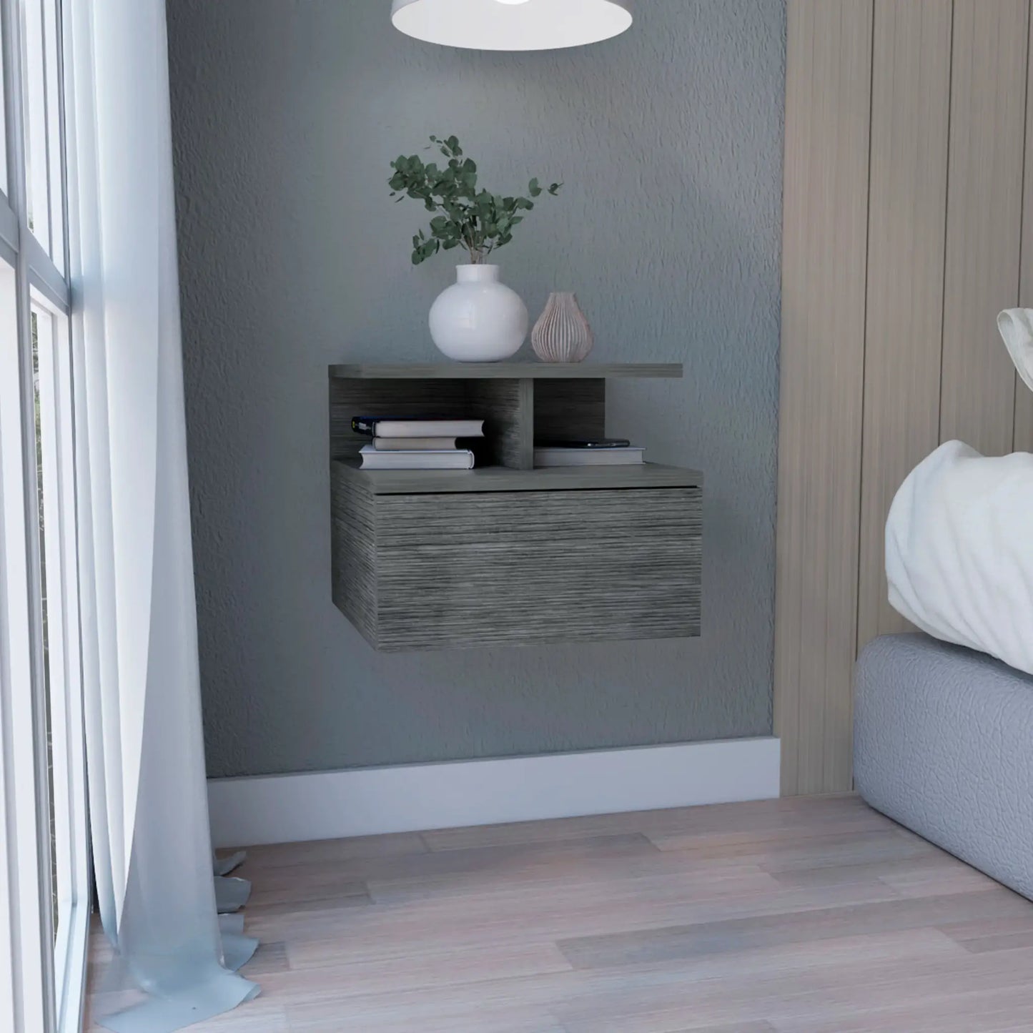 Floating Nightstand 12"H, Wall Mounted with Single Drawer and 2-Tier Shelf, Smokey Oak from PriceLows™