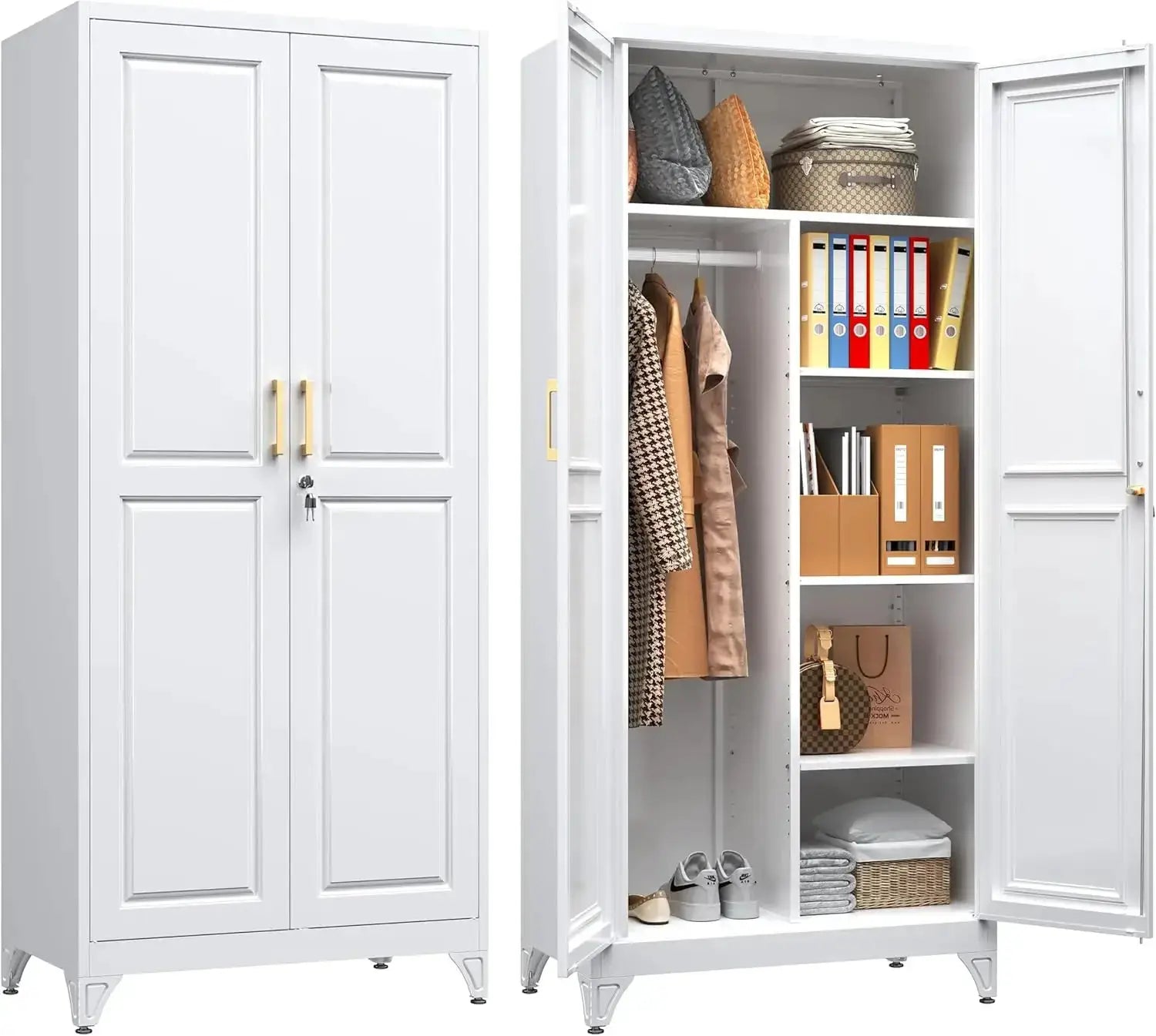 71" Metal Wardrobe Closet with Locking Doors, White Storage Cabinet with Hanging Rod & 3 Shelves for Home Office, Gym from PriceLows™