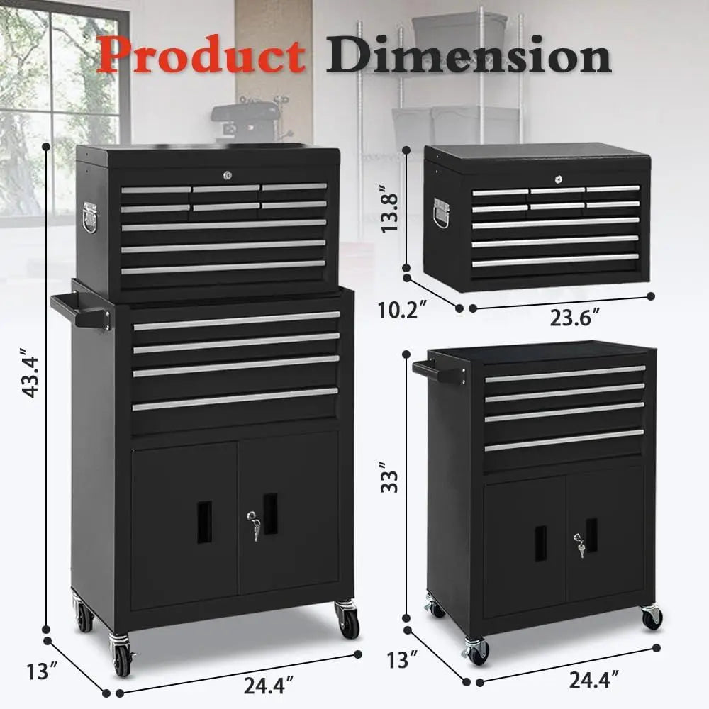 Double-Door Rolling Tool Chest with Lock, Detachable Metal Cabinet on Wheels for Garage, Home, and Warehouse Storage (Black) from PriceLows™