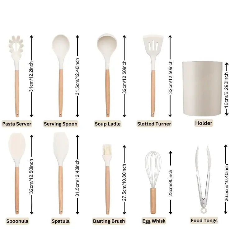 Professional 10 piece kitchen silicone spatula set wooden ladle egg beater, oil brush, barbecue clamp, scraper, kitchen utensils from PriceLows™