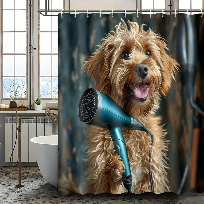 Funny Dog With Hairdryer Shower Curtain, Cute Pet Grooming Bathroom Decor, Waterproof Polyester Fabric Bath Screen from PriceLows™