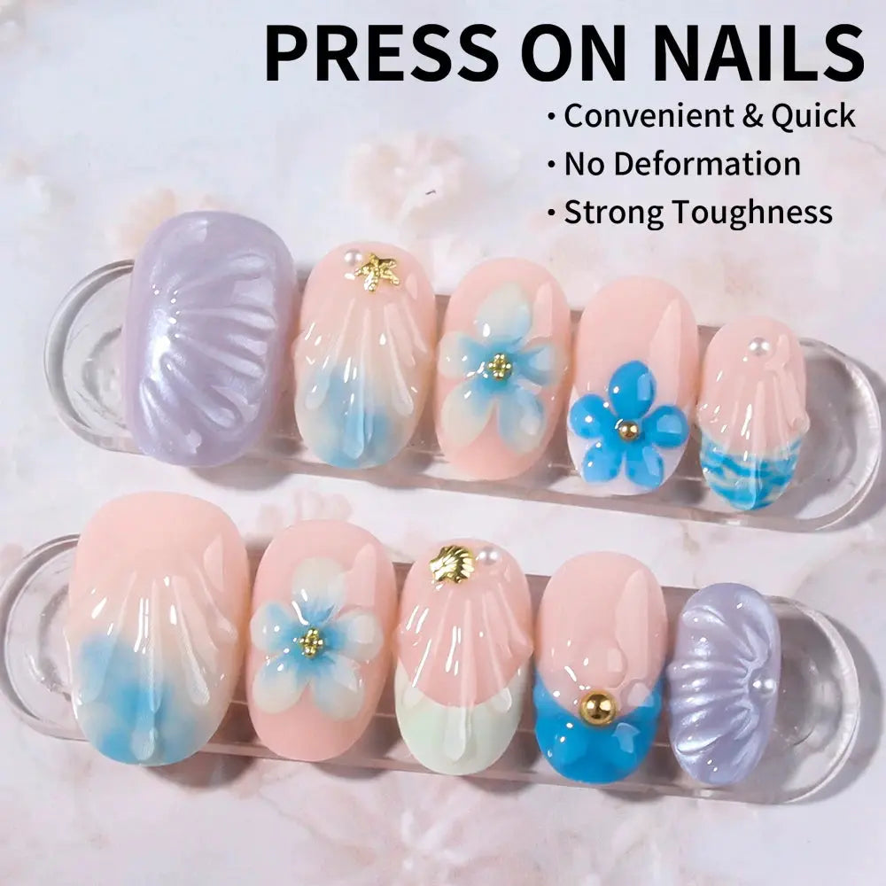 Press On Nails | Almond Shape | Whale Print Blue French Tip | 24 Piece Set