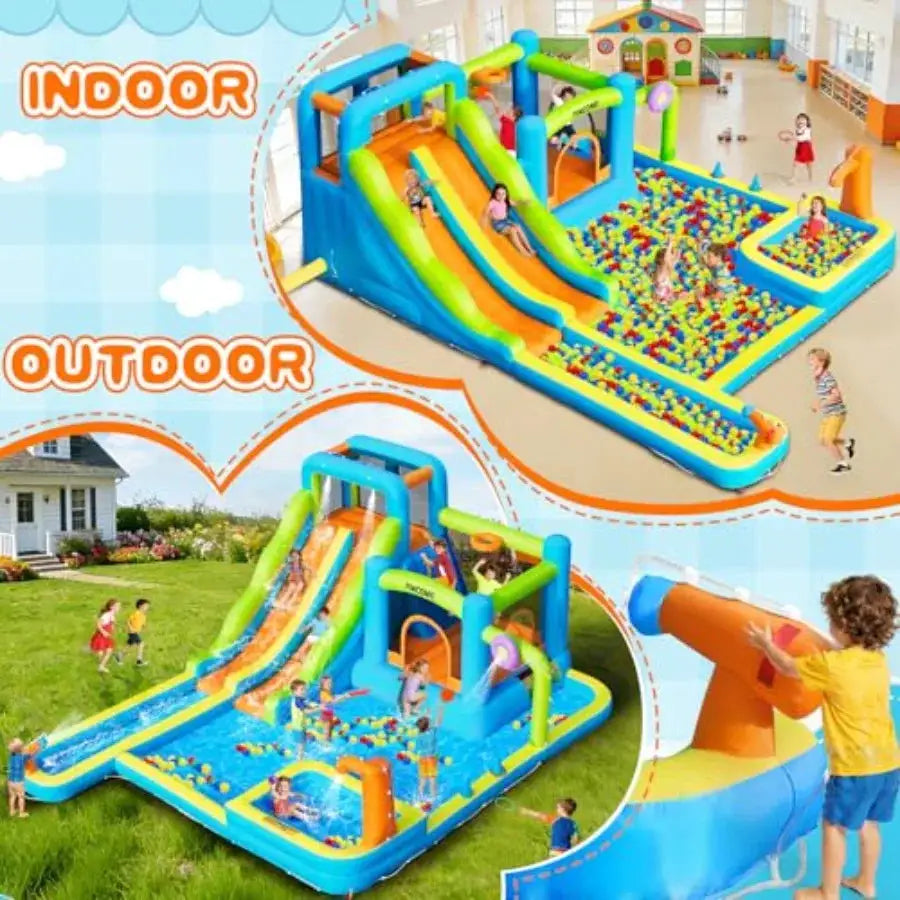Large Inflatable Water Bouncy Castle with Double Slide for 3-10 Blue and Yellow Water Bounce House with Long Slide and Air Blow from PriceLows™