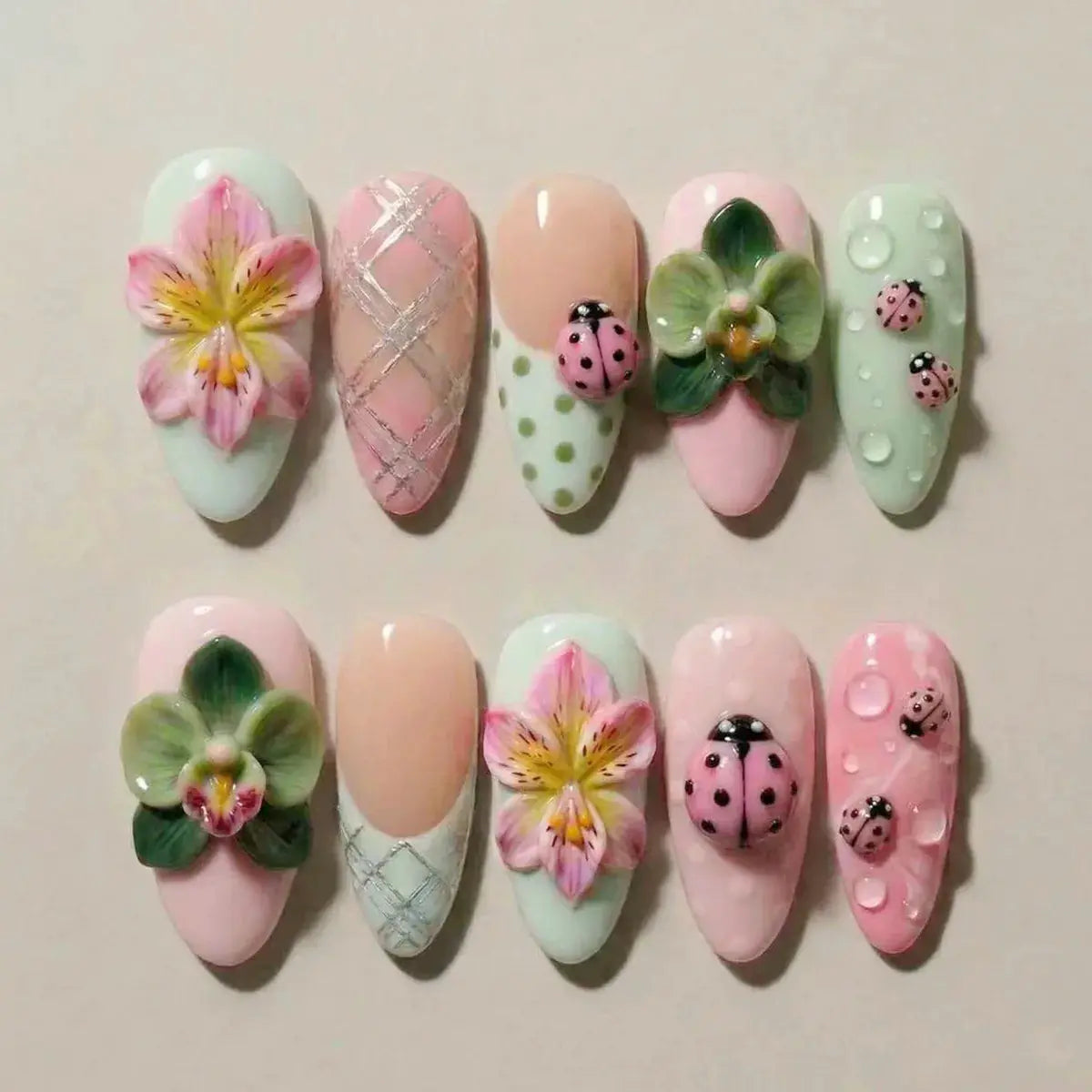 Press On Nails | Almond Shape | Green Lotus Frog Design | 24 Piece Kit