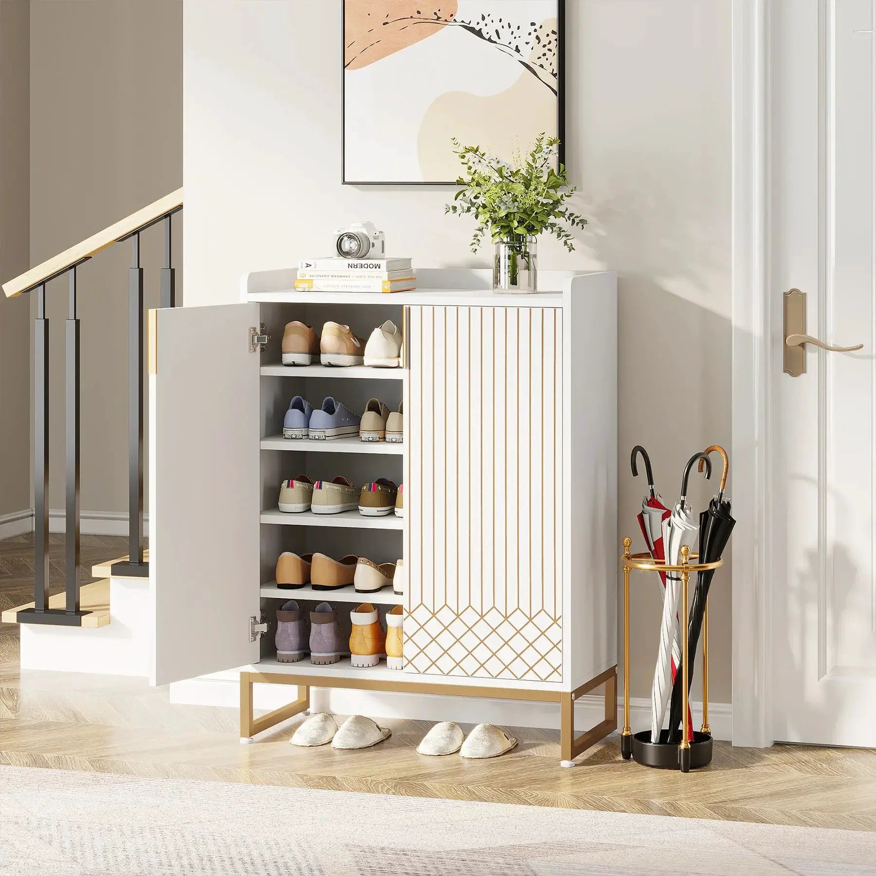 Tribesigns White Shoe Cabinets with Doors, 5-Tier Shoe Rack, Wood Storage Cabinet for Bedroom Hallway Living Room from PriceLows™