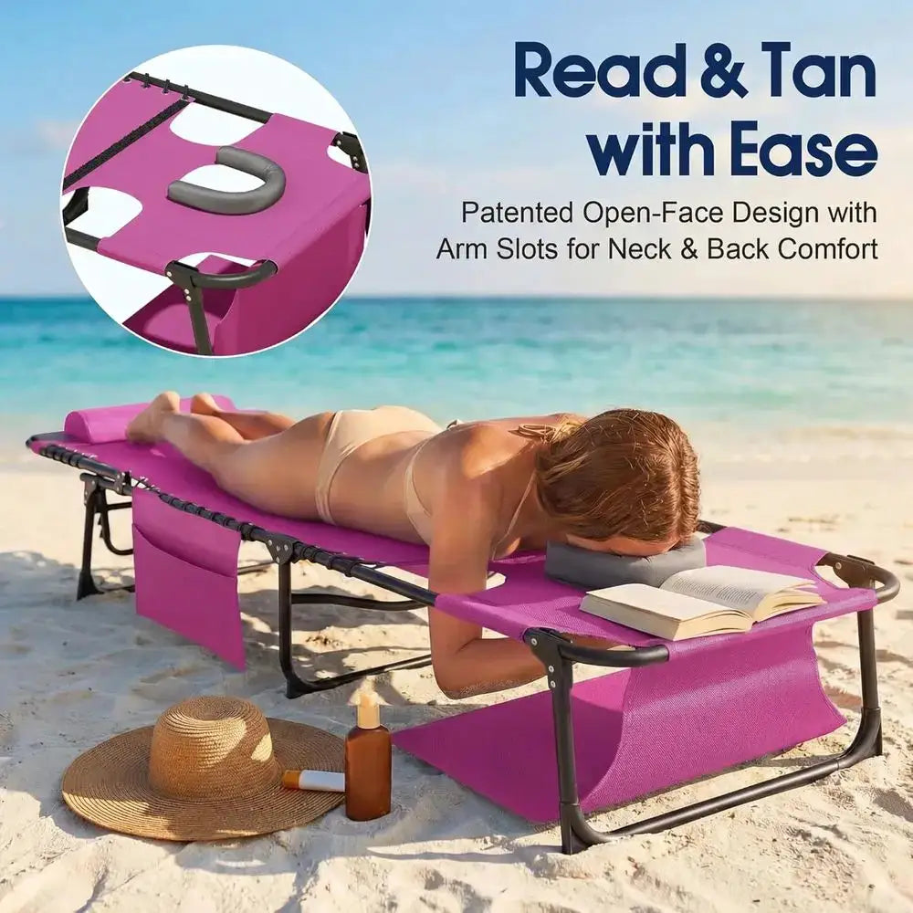 Wide Adjustable 5-Position Outdoor Chaise Lounge Chair with Armholes for Pool, Beach, Lawn (Pink) from PriceLows™