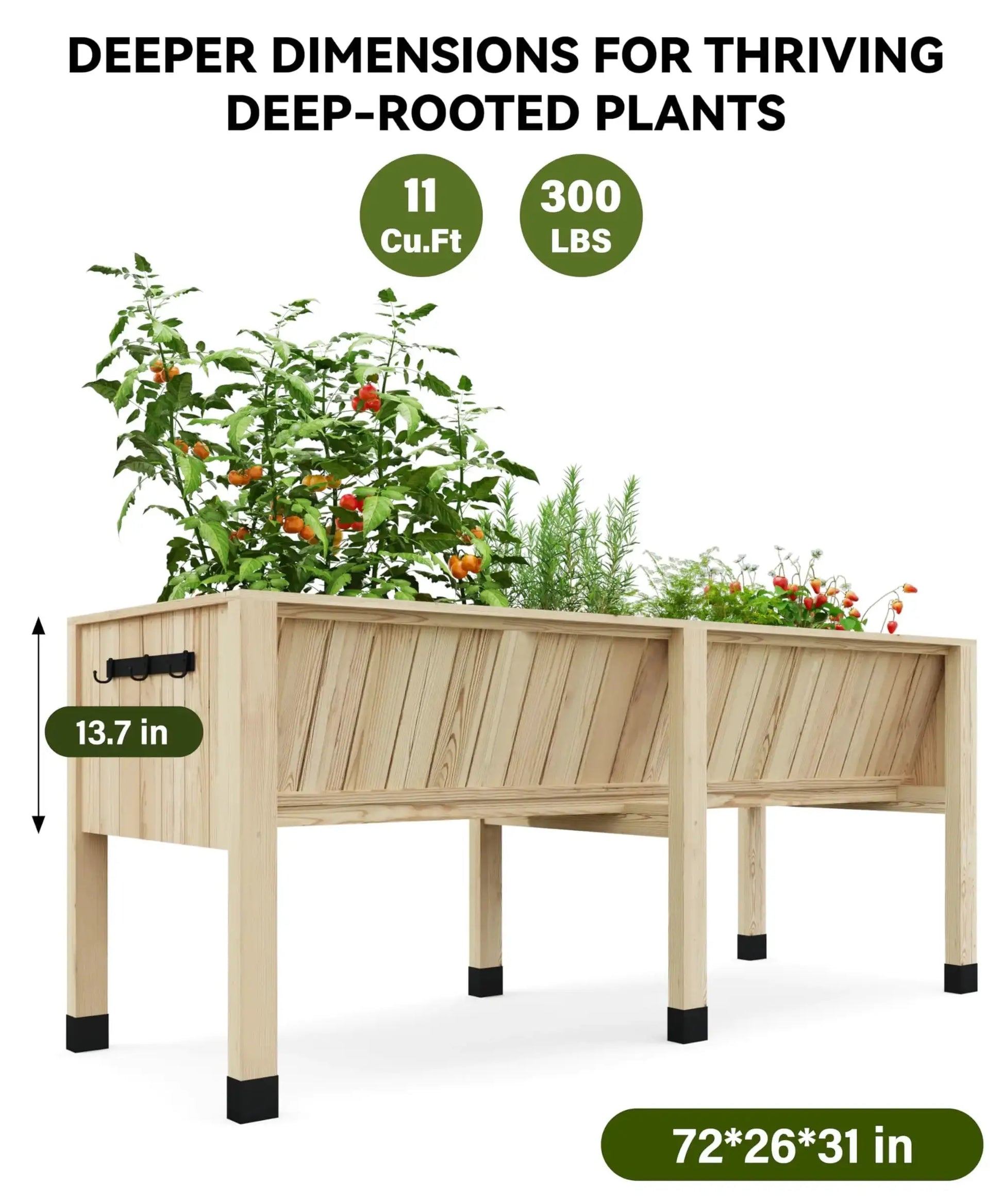 Raised Wooden Garden Bed with Tool Hooks, Elevated Planter Box with Legs, Rectangle Veg Trough Planter for Flower Vegetable from PriceLows™
