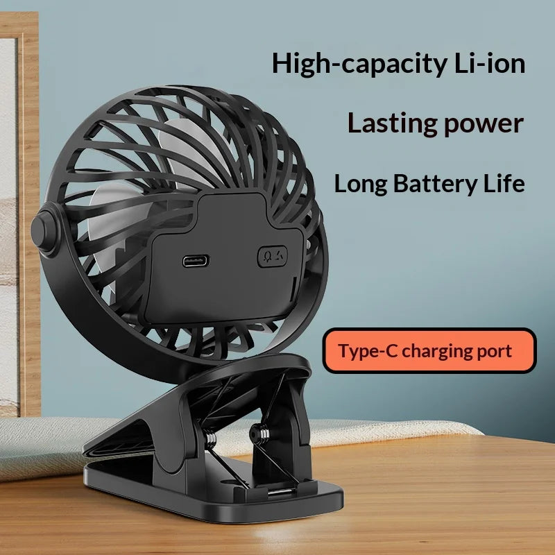 Portable Clip Fan | Rotates 720 Degrees | Night Light | Rechargeable 4W 5V