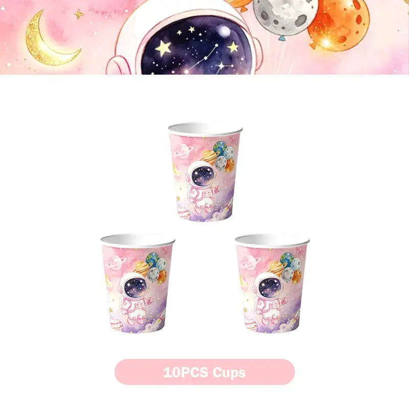 Astronaut Birthday Party Decoration Set | Pink Space | Banner Plate Cups | 61 Pcs