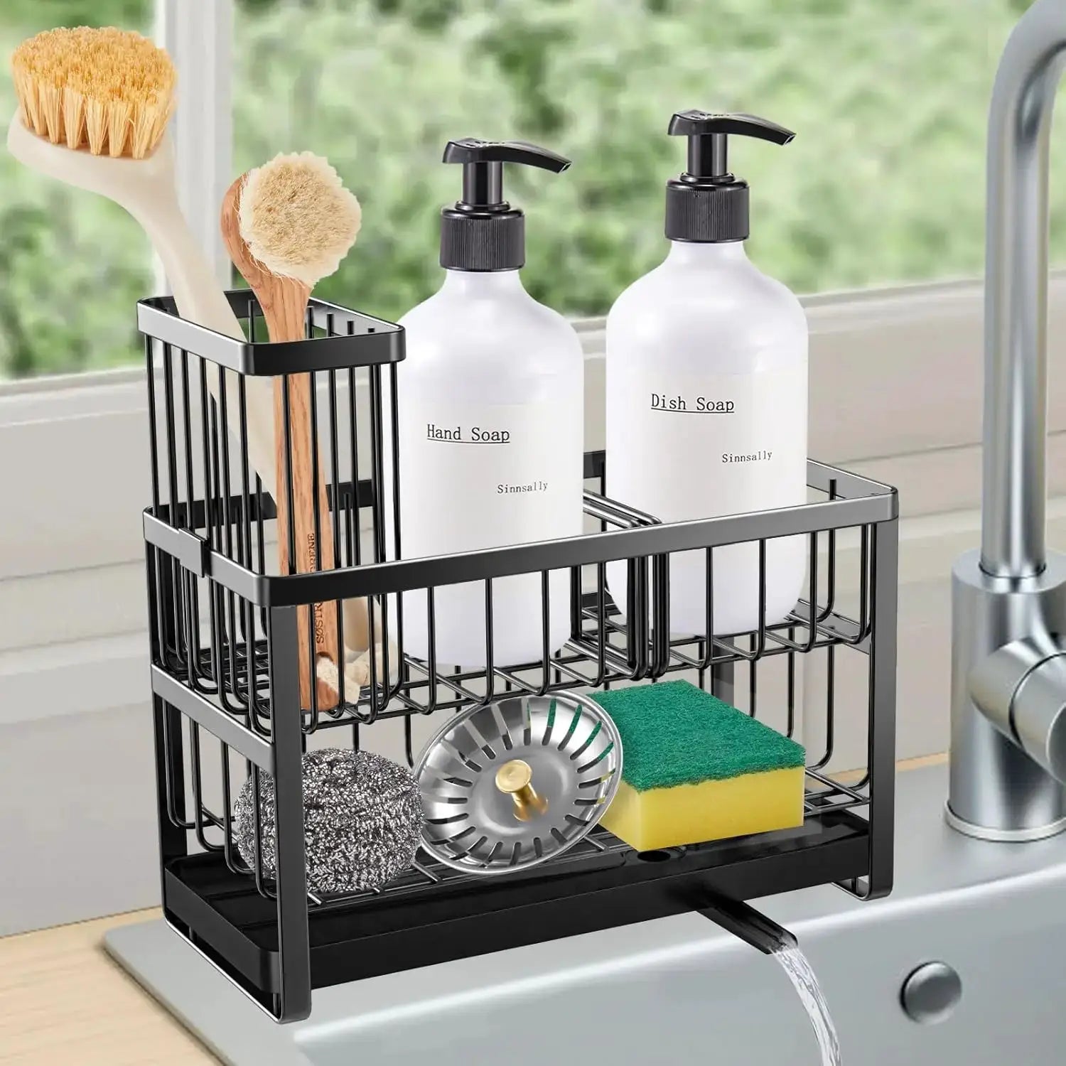 Kitchen Sponge Holder, Sink Caddy Organizer with Brush Holder, Stainless Steel Soap Tray, 2 Tier Black from PriceLows™