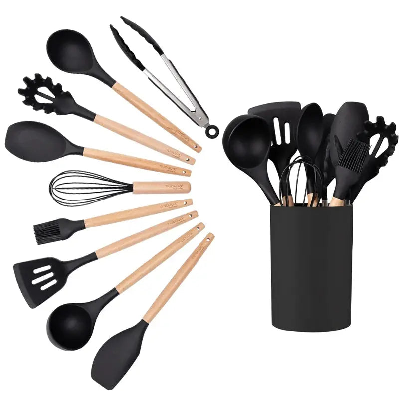 Professional 10 piece kitchen silicone spatula set wooden ladle egg beater, oil brush, barbecue clamp, scraper, kitchen utensils from PriceLows™
