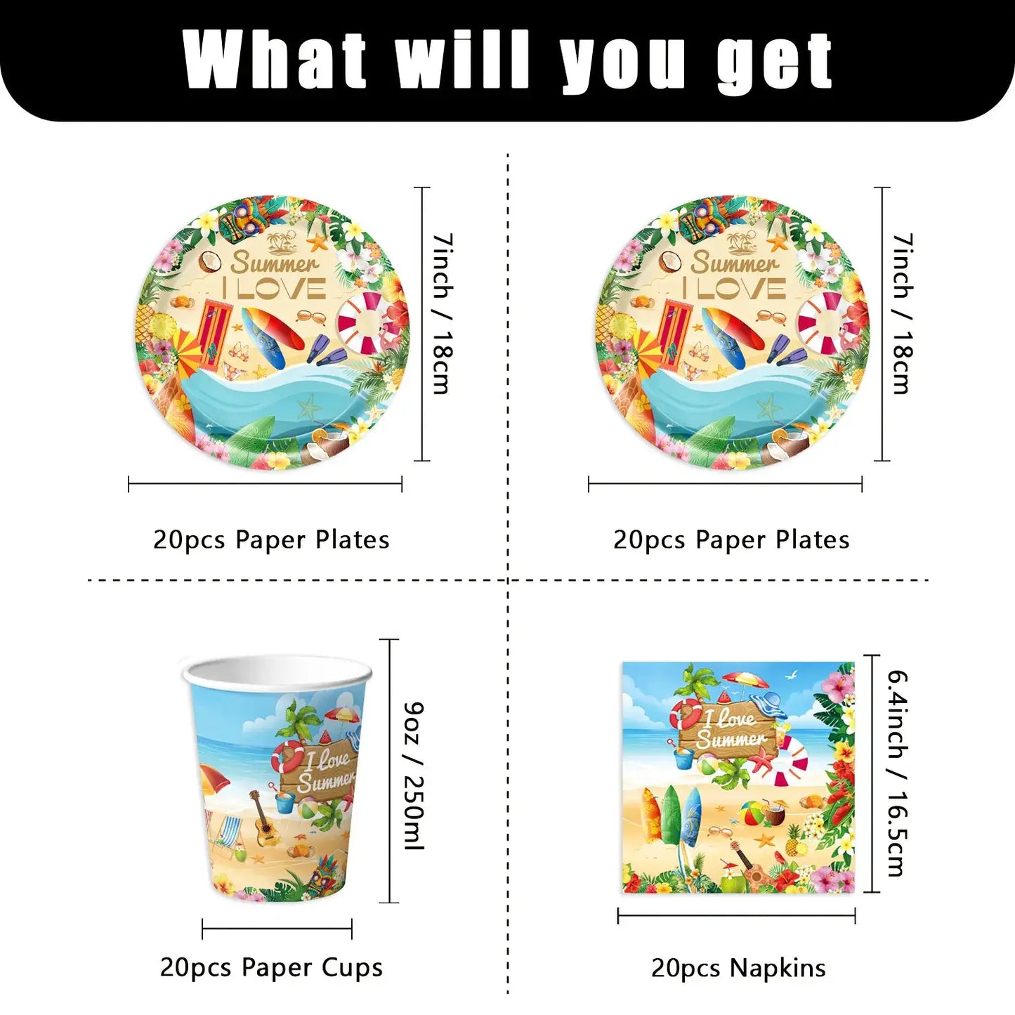 Summer Beach Party Tableware Set | Paper Plates Cups Napkins With Tablecloth