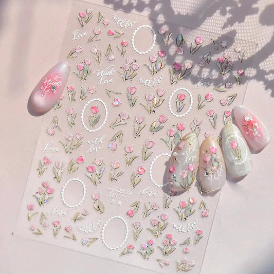 TSZS Spring Flower tulip Cherry blossoms Nail Art Stickers Self-adhesive INS 5D Pink White Flower Nail Decals from PriceLows™