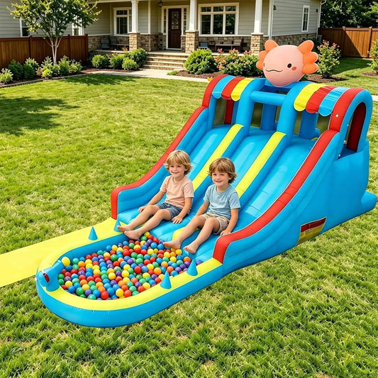 Inflatable Water Park Bounce House for Kids, Dual Slides with Long Slip Mat and Splash Pool, Durable Oxford Fabric Blow Up Water Castle with Powerful Air Blower for Backyard Outdoor Summer Fun from PriceLows™