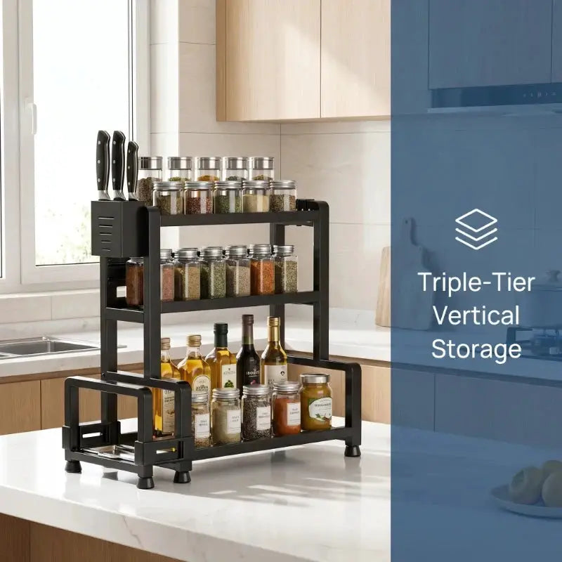 3 Tier Spice Storage Rack for Countertop Adjustable Spice Organization for Cabinet Kitchen Organizer Metal Shelf Black from PriceLows™