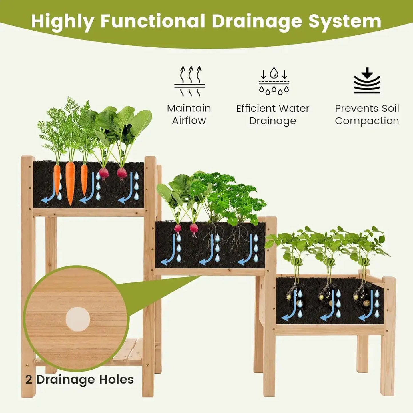 3-Tire Raised Garden Bed, Wooden Raised Planter Box with 3 Planter Boxes, Drainage Holes, Open Storage Shelf, Outdoor Ga from PriceLows™
