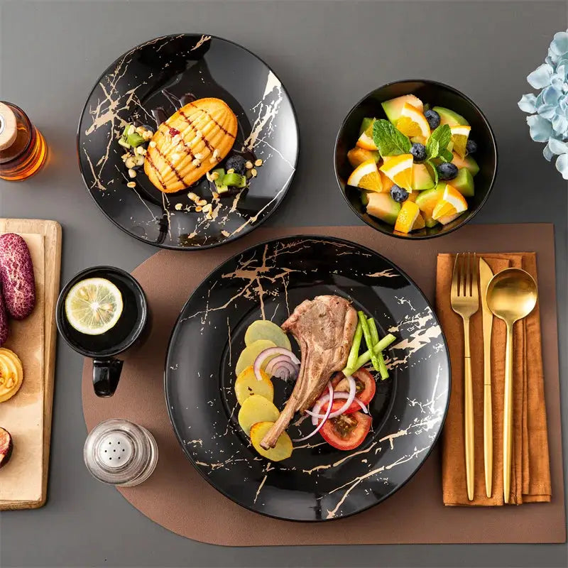 16Pcs Black Procelain Tableware Set Design By Gold Splash with Dinner Plate/Cake plate/Bowls/Coffee Cups Kitchen Dinner Ware Set from PriceLows™