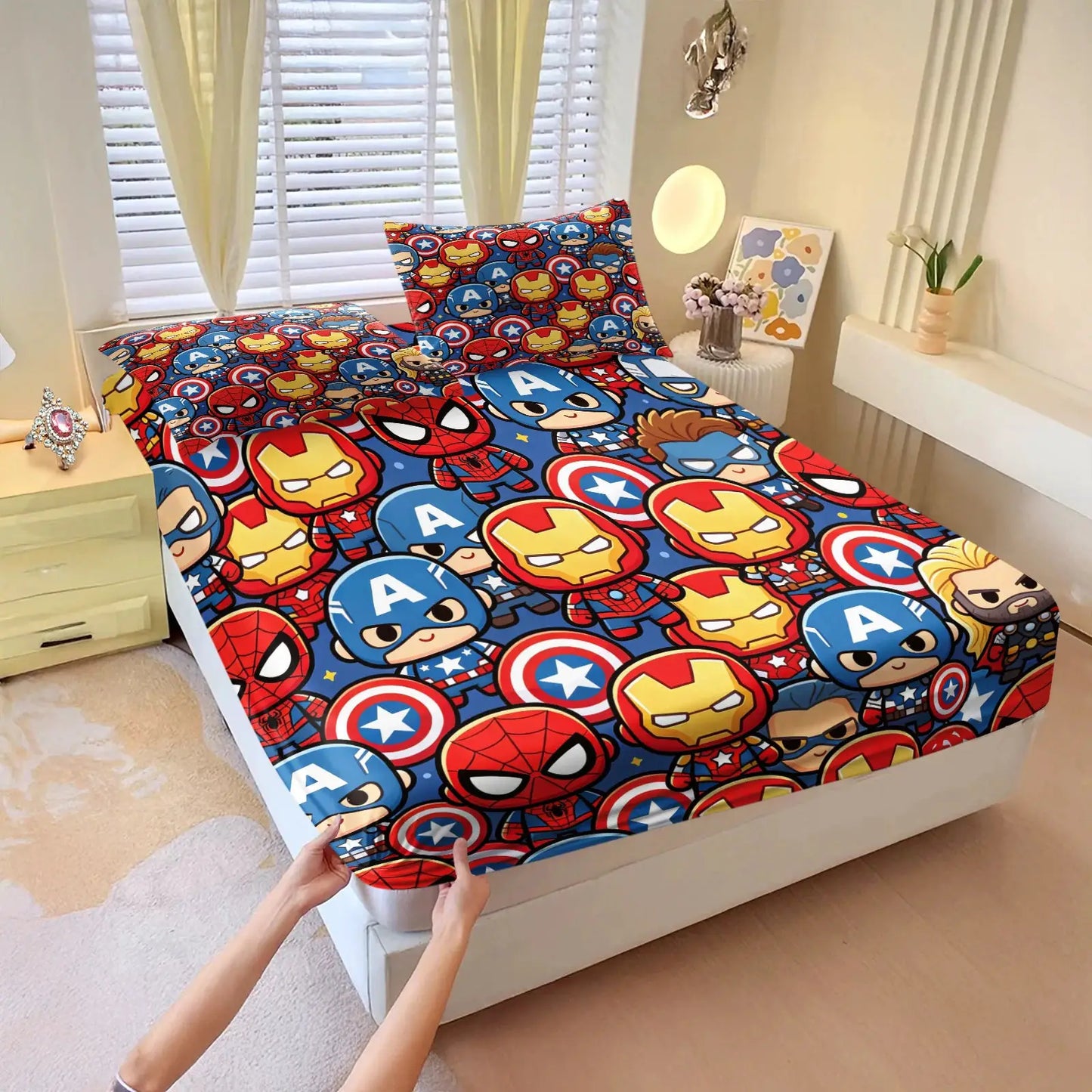 Cute Chibi Marvel Heroes Fitted Sheet Set Bed Sheet Set Bedding Set No Fillers for Teens Bedroom Living Room Decor from PriceLows™