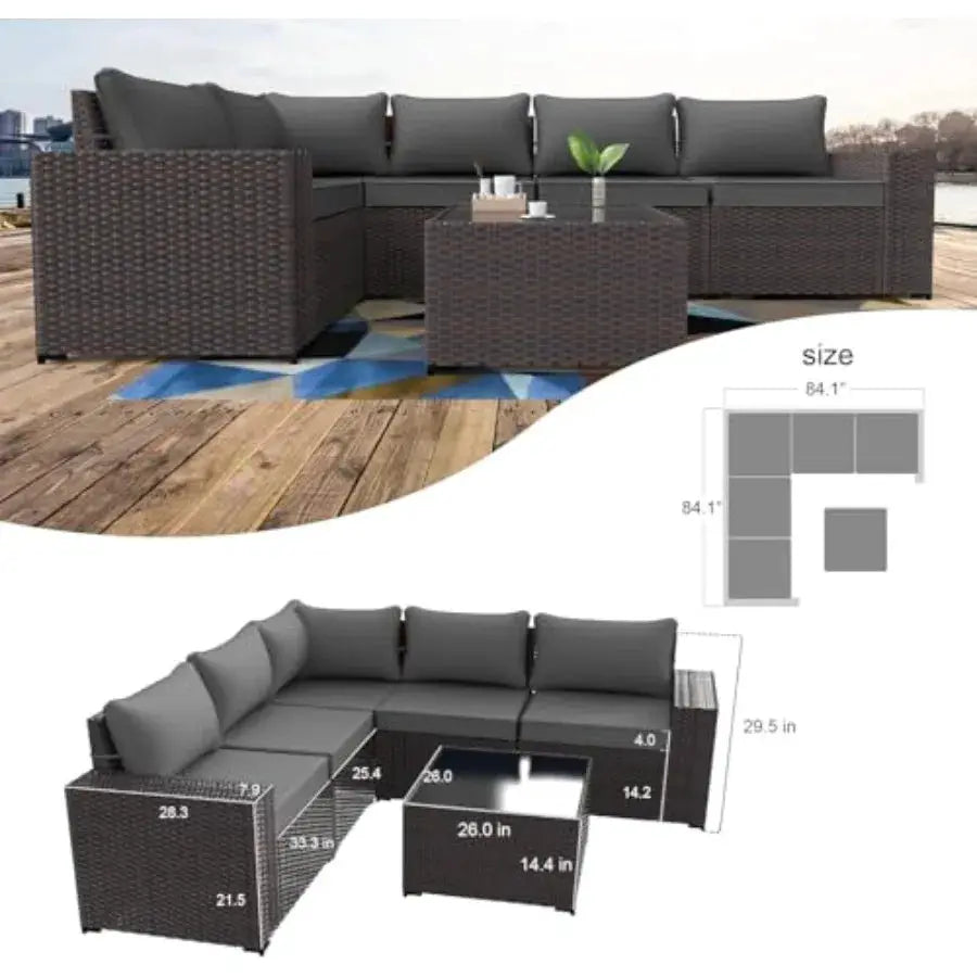 Outdoor patio furniture set: 6-piece brown PE rattan sectional sofa with grey cushions and tempered glass table, weather-resist from PriceLows™