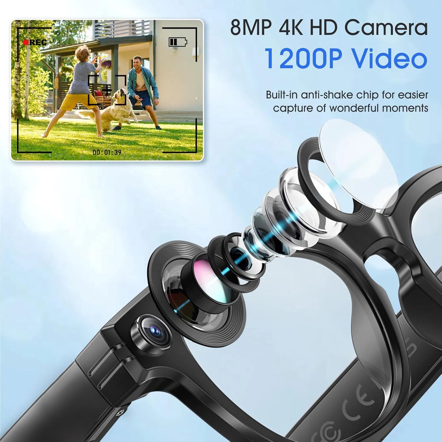 Smart Glasses | AI Translation 720P Dual Cam | Waterproof Bluetooth 5.3 | Men