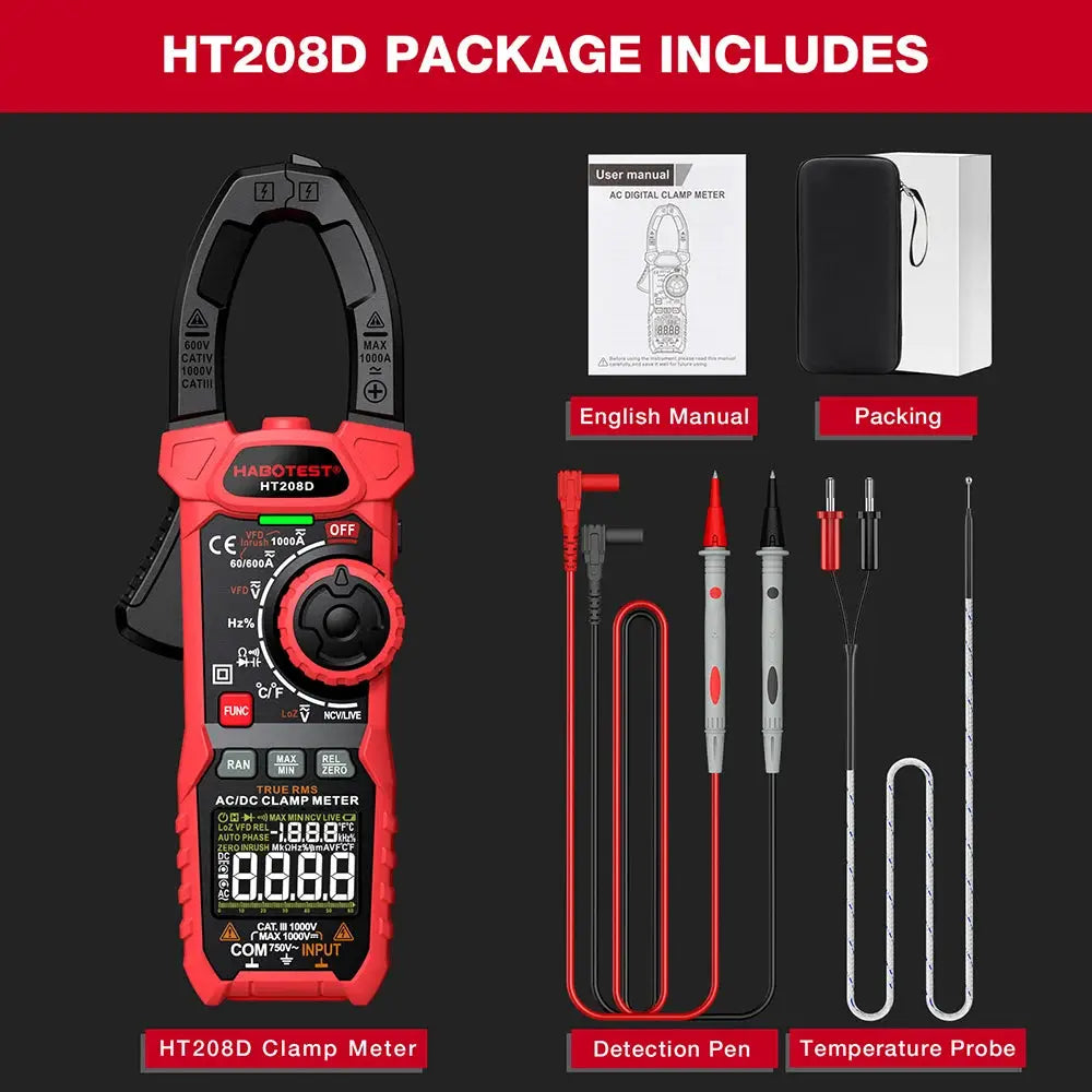 HABOTEST HT208 Clamp Meter 1000A 1000V AC DC True RMS Digital Clamp Meter Amperimetrica Capacitance Temperature Ohm Hz Tester from PriceLows™