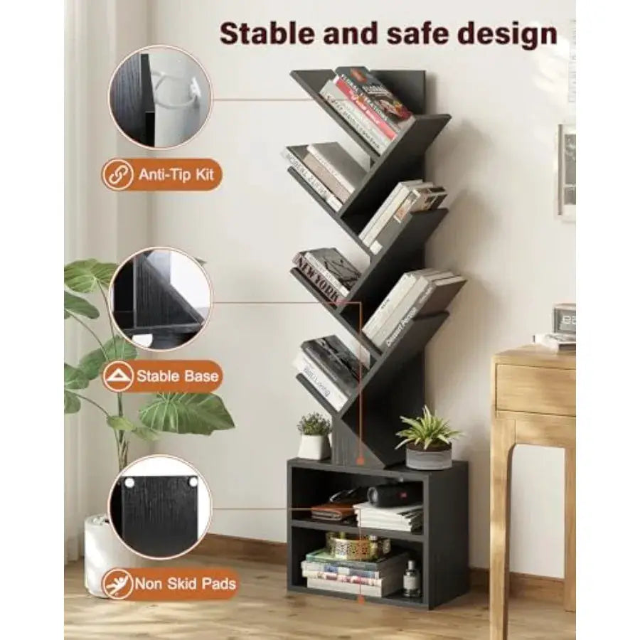 6 Tier Tree Bookshelf, Small Bookcase with Storage Cabinet, Modern Narrow Bookshelves Organizer, Floor Standing Book Shelf for from PriceLows™