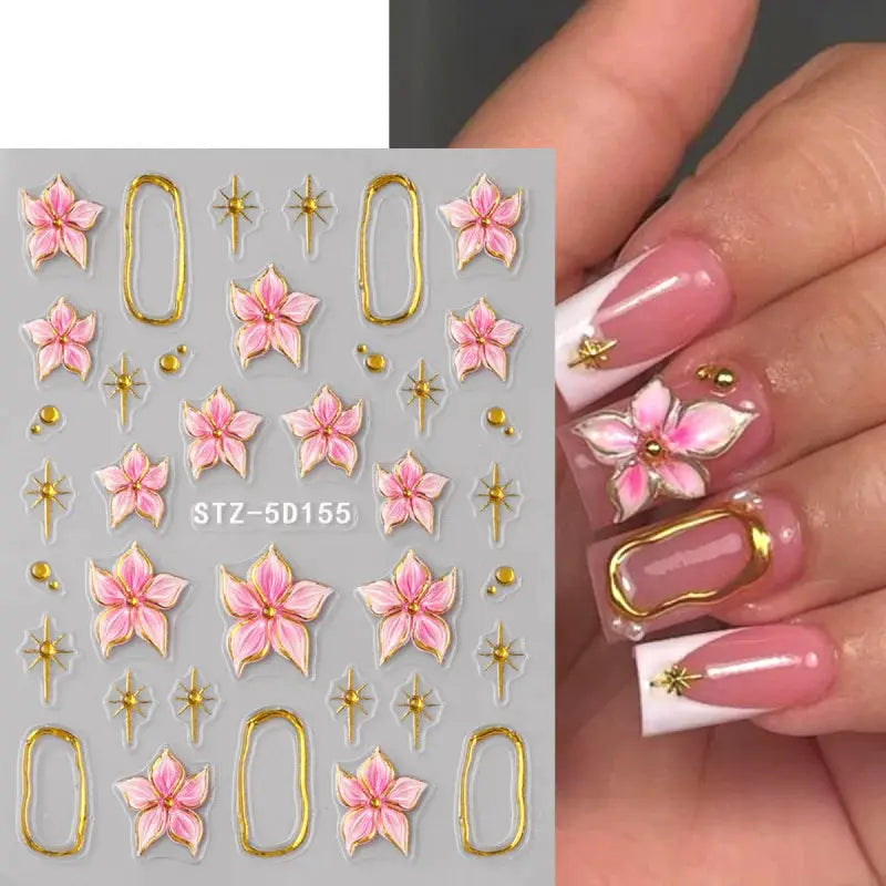 5D Floral Embossed Nail Stickers Bronzing Hibiscus Flower Petals Star Frame Elegant Nail Art Decals for Spring Summer Decor from PriceLows™