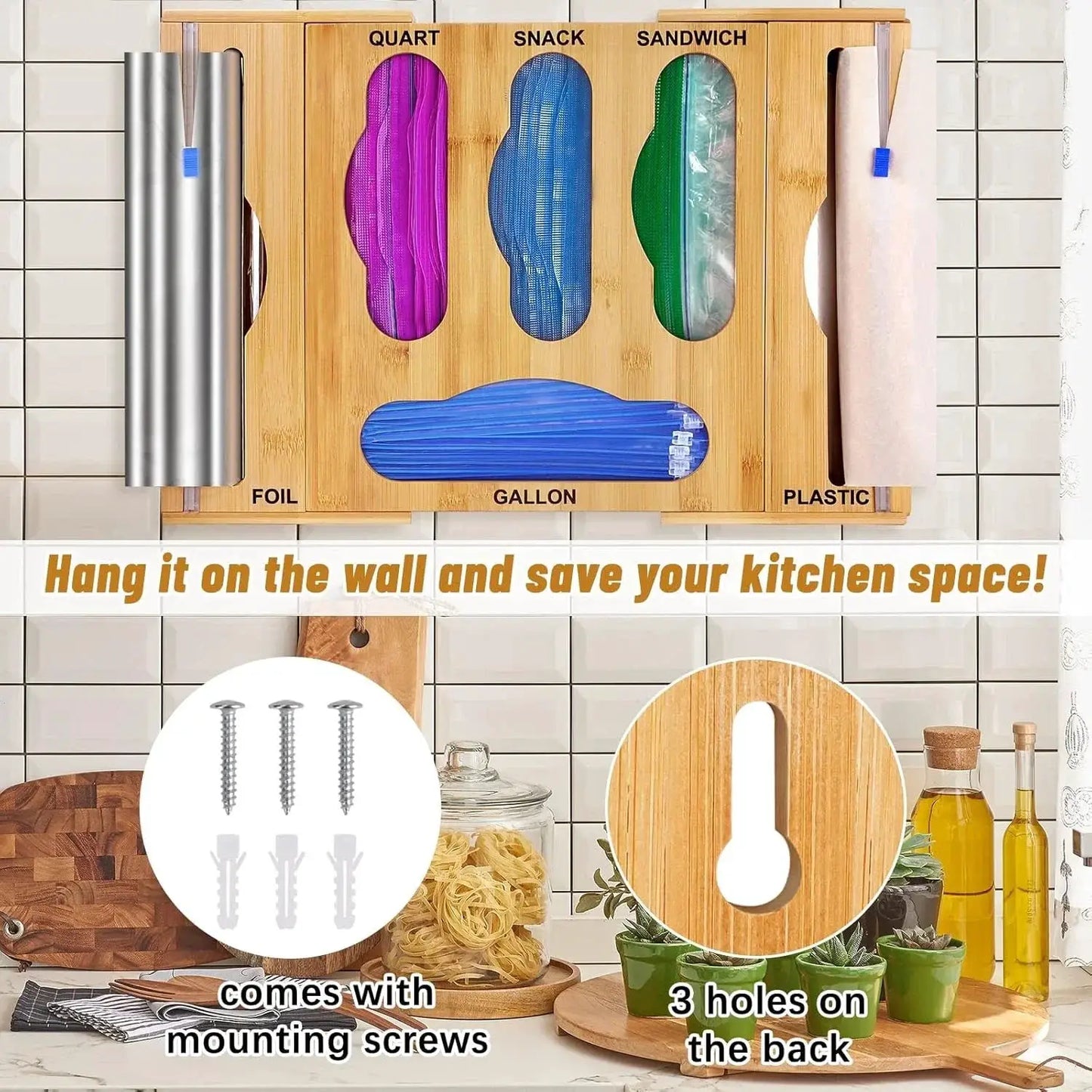 Bamboo Kitchen Organizer | Wrap and Foil Dispenser | Wall Mount Drawer | 65 Bags