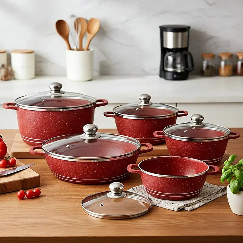 New 10pcs Aluminum Saucepan Set (5 Saucepans, 5 Glass Lids), Easy to Clean, Produces Less Oil and Smoke, Large Capacity, Deluxe Set, Multi-functional Non-stick Kitchen Cookware Set. from PriceLows™