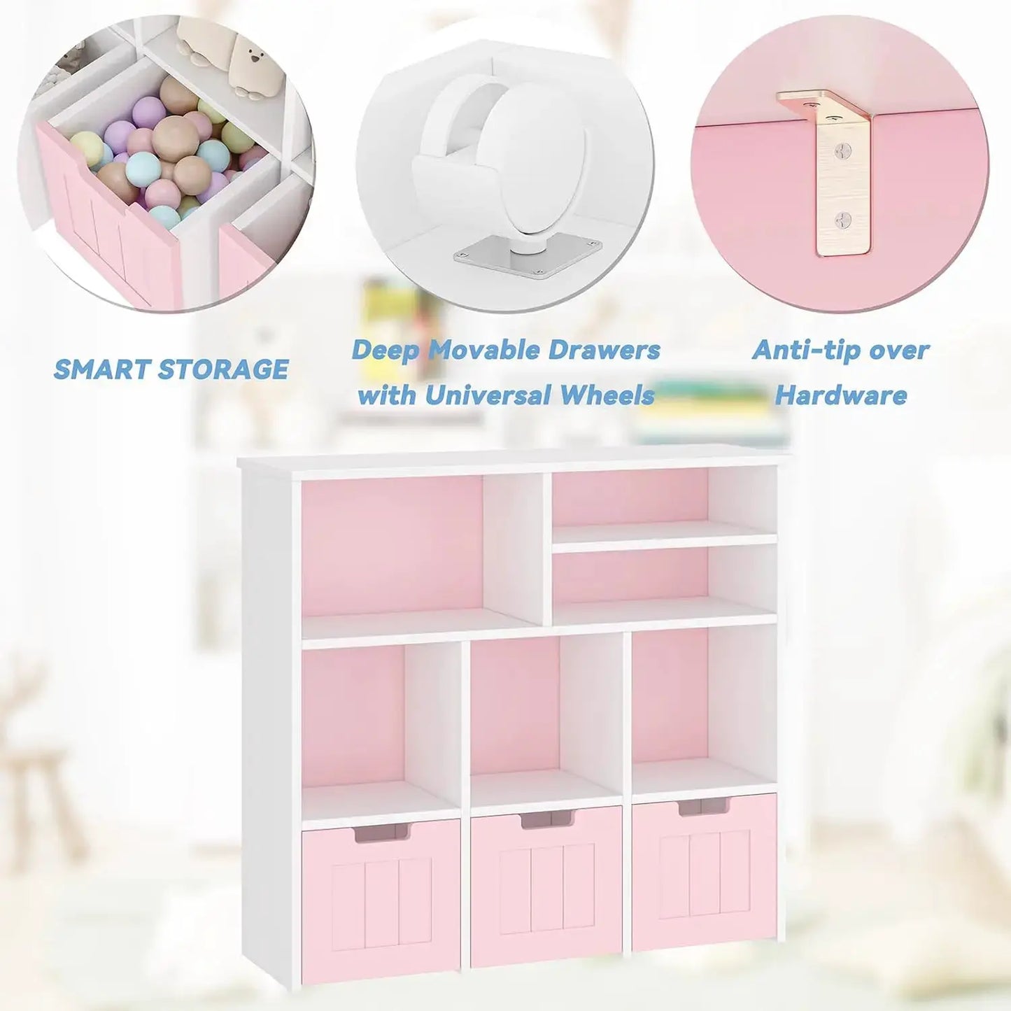 Kids Bookcase Toy Organizer White/Pink Storage Cabinet with 3 Movable Drawers Multi-Purpose Nursery & Playroom Furniture from PriceLows™