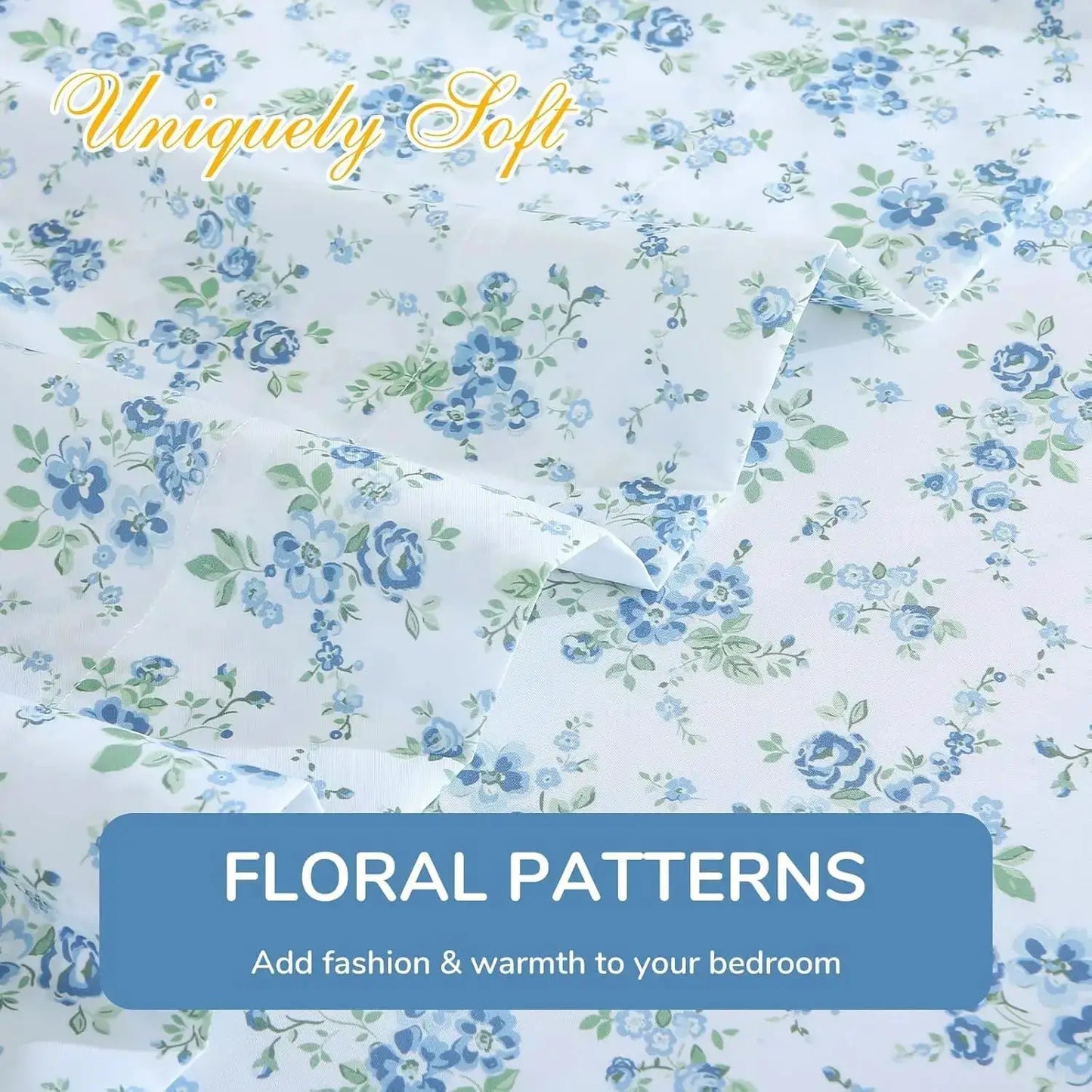 Queen Size 4-Piece Sheet Set, Soft Breathable Bedding with Deep Pocket Up to 16", Wrinkle-Free & Cooling - Blossoms Light Blue from PriceLows™