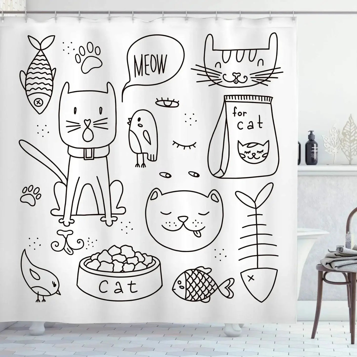 Cute Cat Pattern Shower Curtain - Fun Cartoon Design for Playful Bathroom Décor, Waterproof, Easy Care & Soft Fabric from PriceLows™