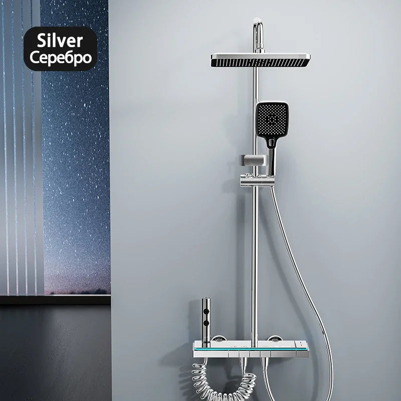 Shower System | Thermostatic Faucet | LED Display Rainfall Shower | Glass Panel