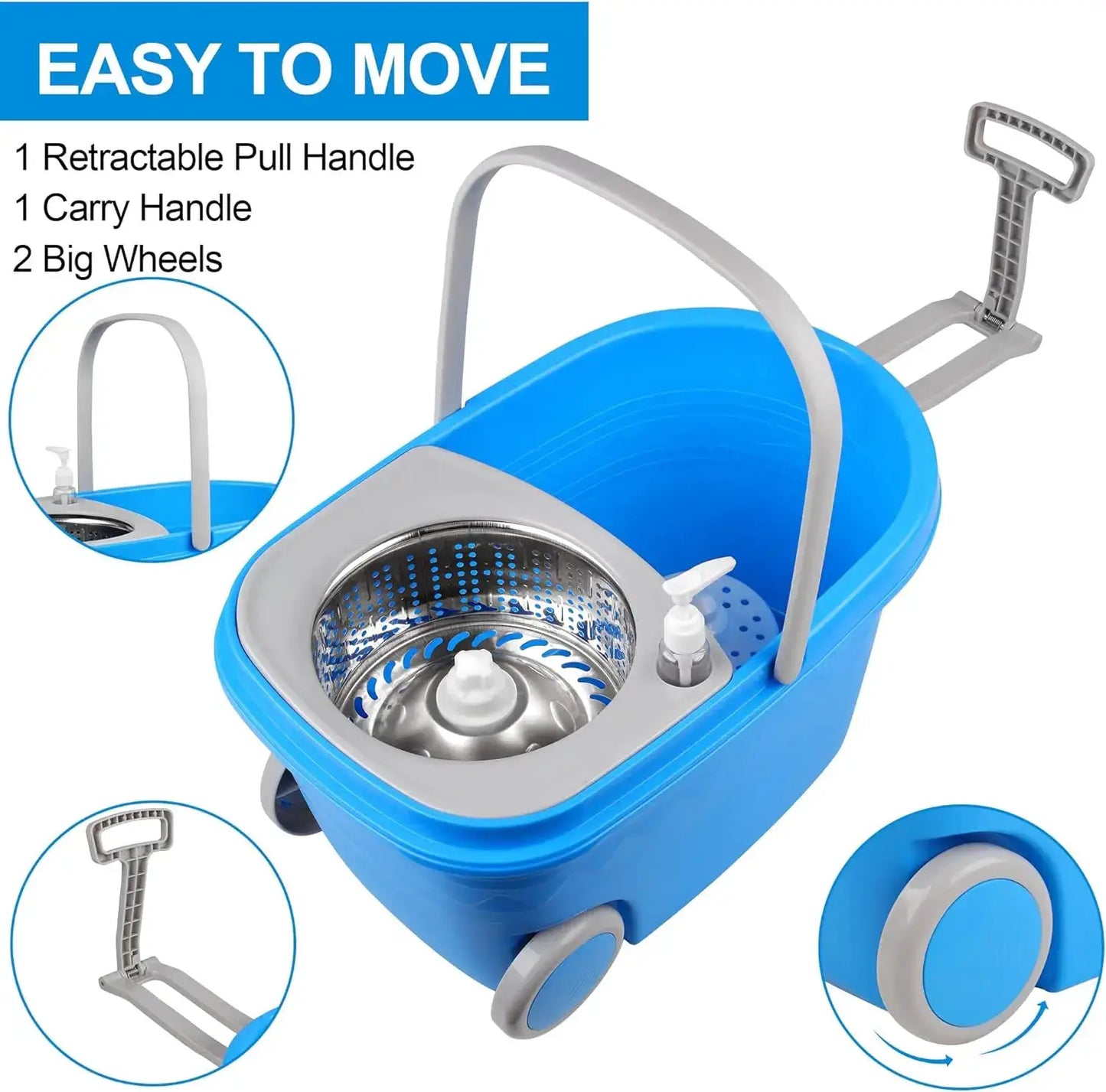 Blue Spin Mop Bucket Sets 360° Spinning Cleaning Tools with 3 Microfiber Replacement Heads, 61" Extended Handle Household Item from PriceLows™