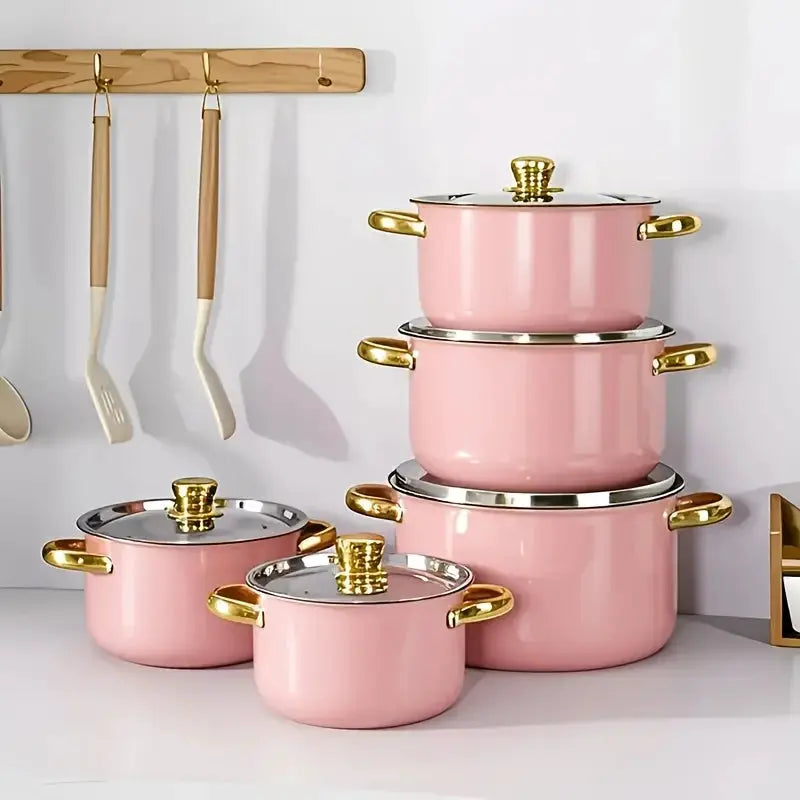 us10/12pcs Stainless Steel Cookware Set - Non-Stick Frying Pan, Stockpot And Milk Pot with Lid - Multi-Functional Kitchen Essentials, No Charging, No Batteries, Oranged from PriceLows™