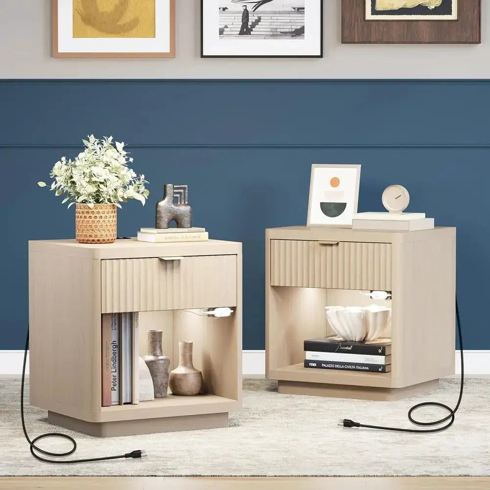 Pair of LED-lit Nightstands with Charging Station, 22 Wide Light Wood Nightstands from PriceLows™