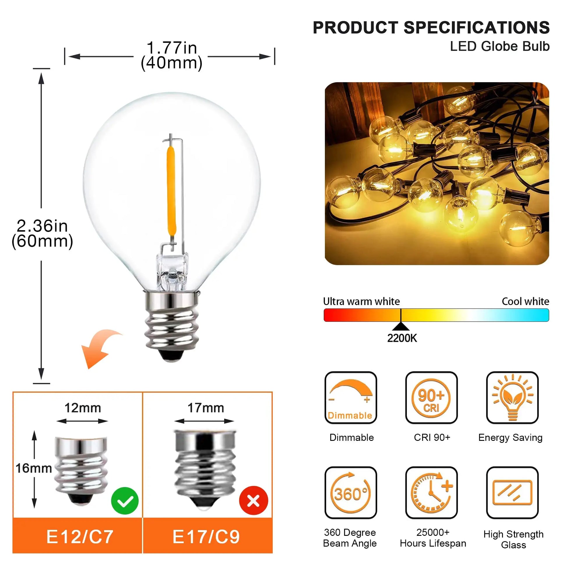 25FT 50FT G40 Fairy String Lights Outdoor Clear Glass Bulbs E12 Socket EU Plug Dimmable Waterproof Patio Decorative Lights Chain from PriceLows™