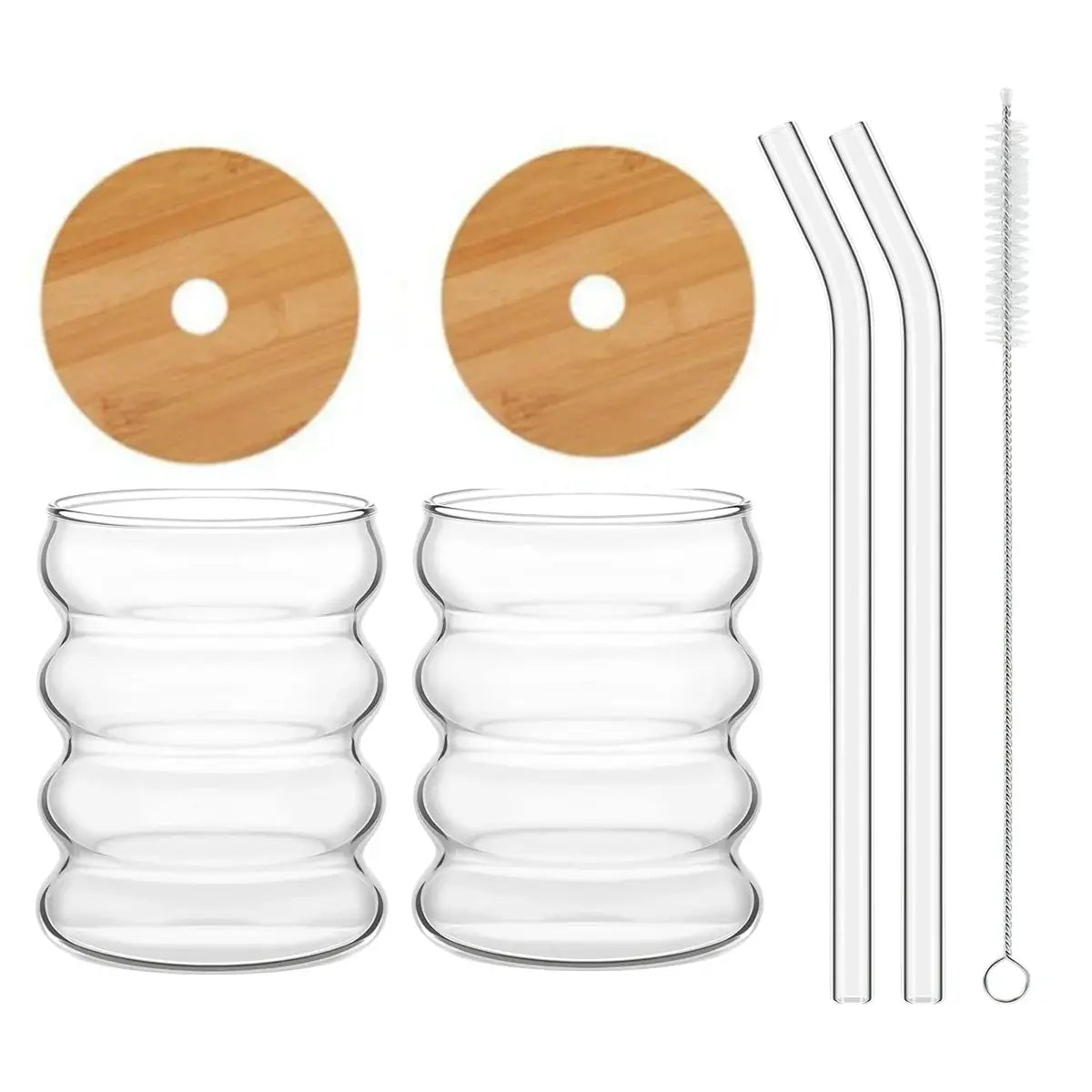 Leeseph 2pcs Creative Glass Cups with Lids and Straws Brush, Cute Cup Wave Shape Beverage Glasses for Juice Coffee Tea Ice Drink from PriceLows™