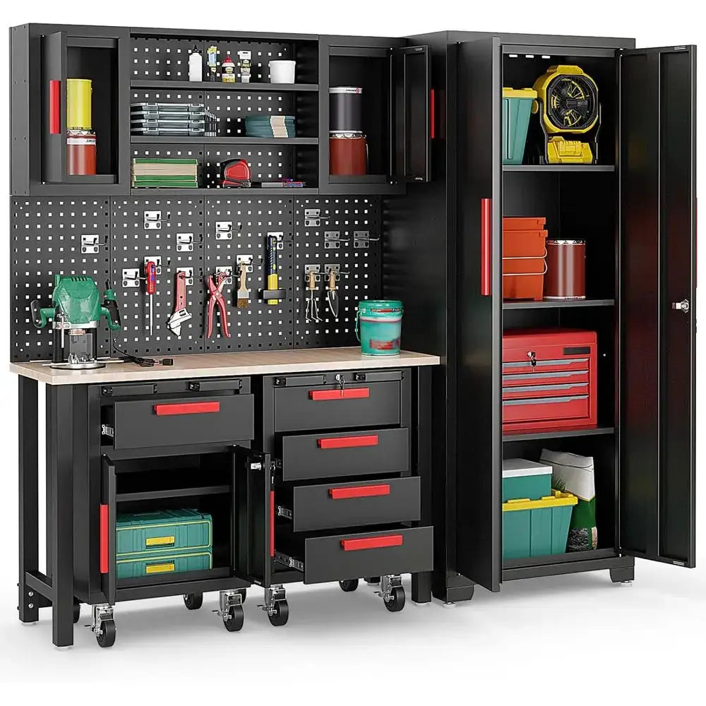 6-Piece Garage Organization Cabinet Set with Worktop, Pegboard, Rolling Chests, Lockers, and Tool Storage from PriceLows™