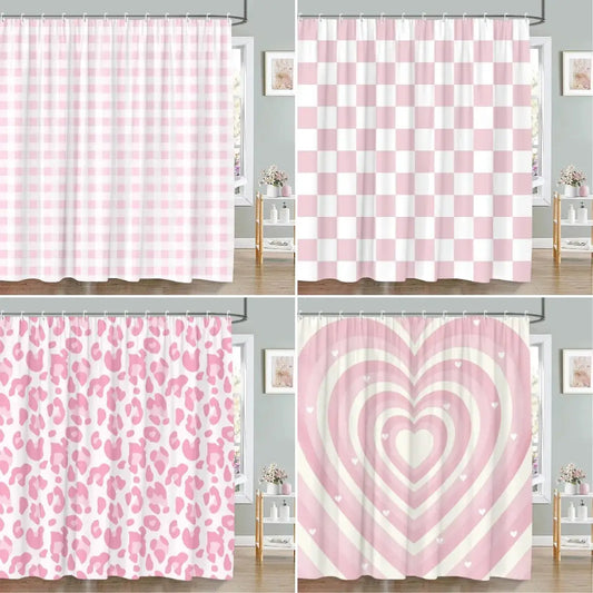 Pink Geometric Shower Curtain Minimalist Stripe Leopard Texture Creative Square Plaid Polyester Fabric Bathroom Decor Curtain from PriceLows™