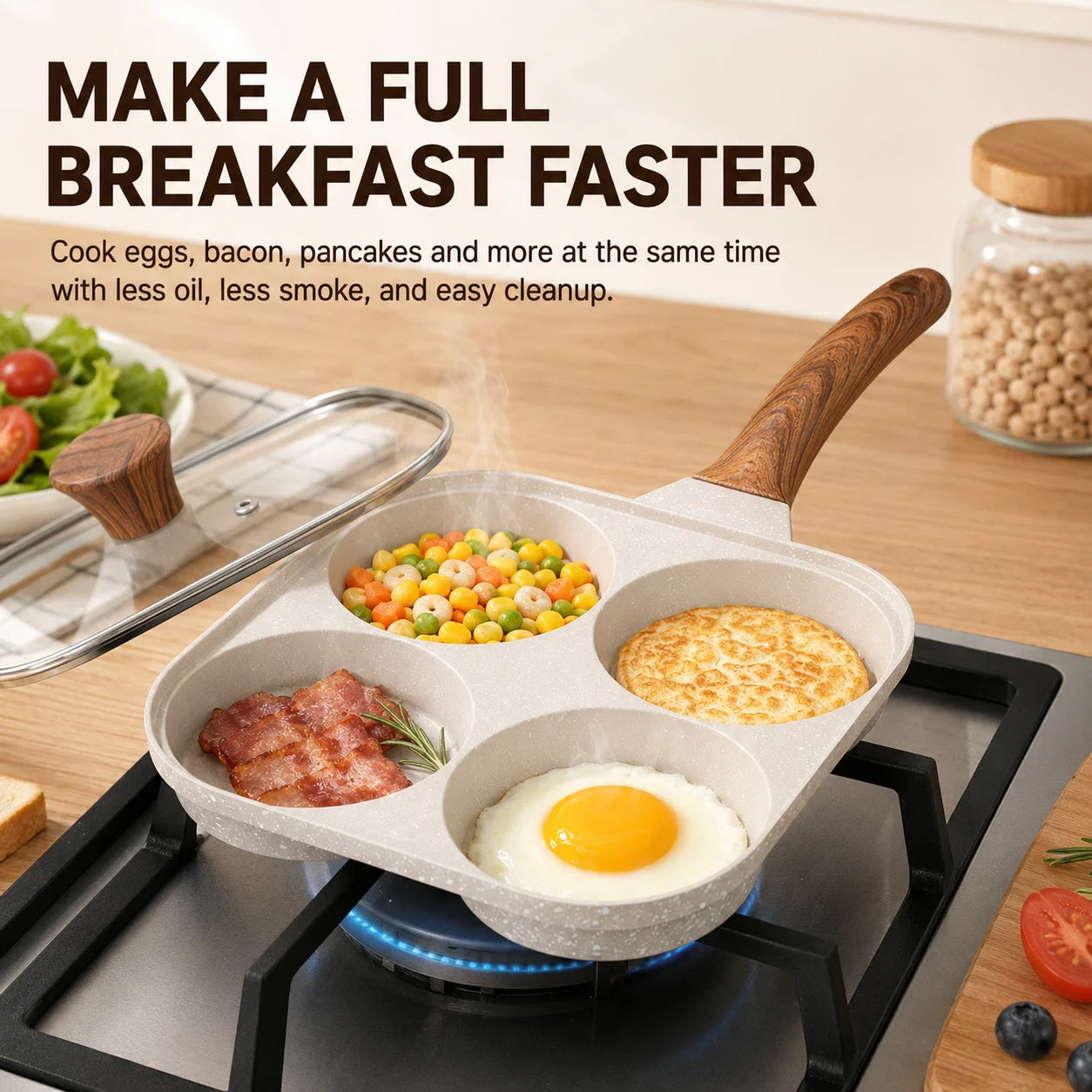 Egg Frying Pan | 4-Section Divided | Aluminum Alloy | With Glass Lid