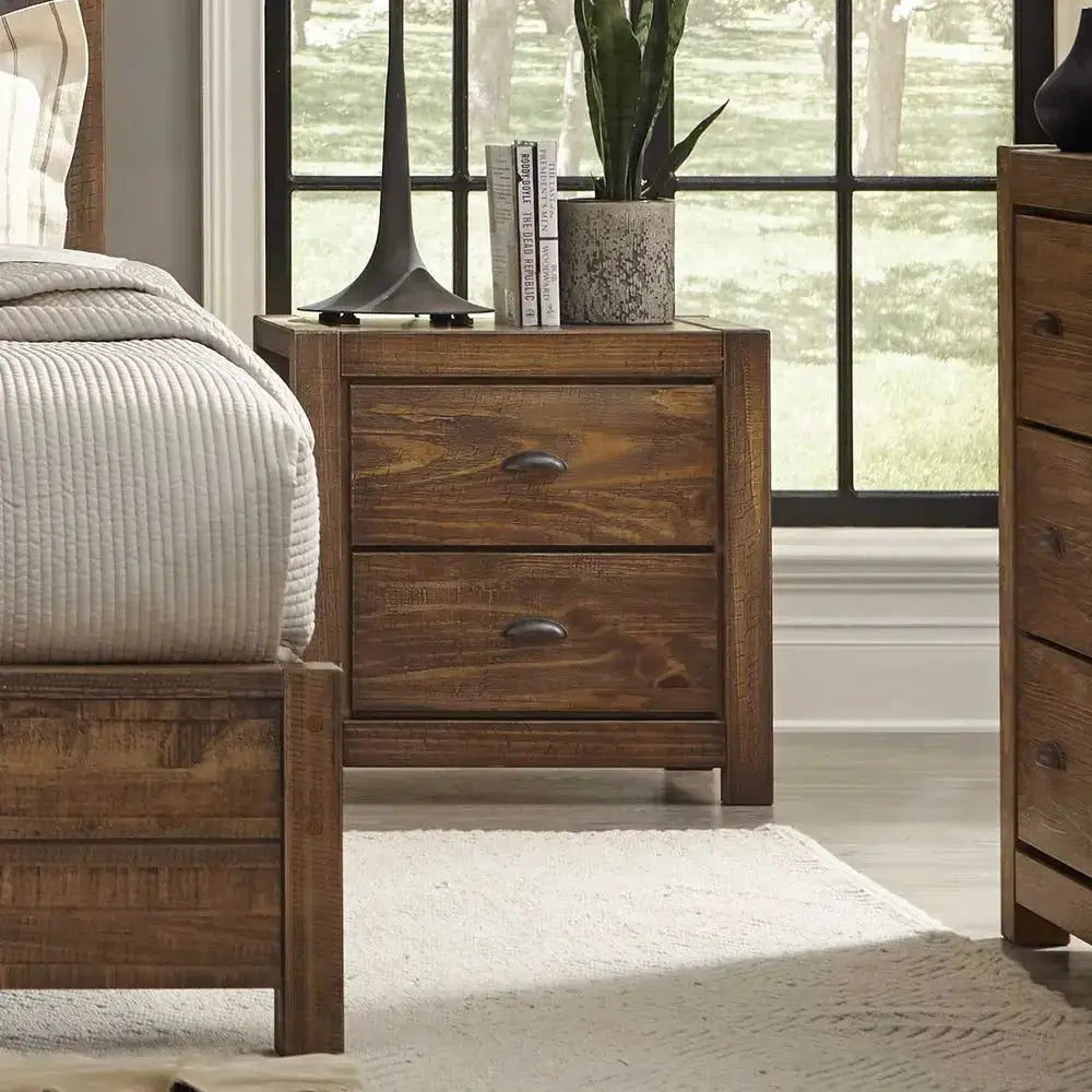 Montauk 2Drawer Bedside Nightstand, Solid Wood with Rustic Walnut Finish from PriceLows™