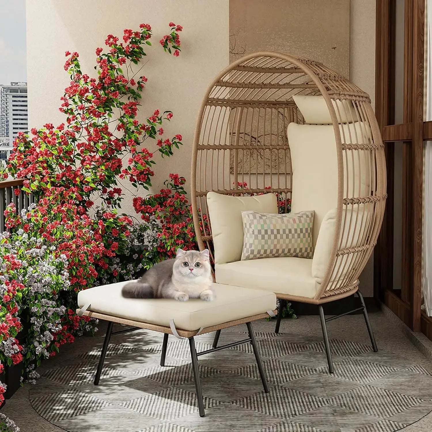 Wicker Egg Chair with Ottoman, Waterproof UV Resistant Patio Lounge Chair with Cushions, Accent Furniture for Garden, Balcony from PriceLows™