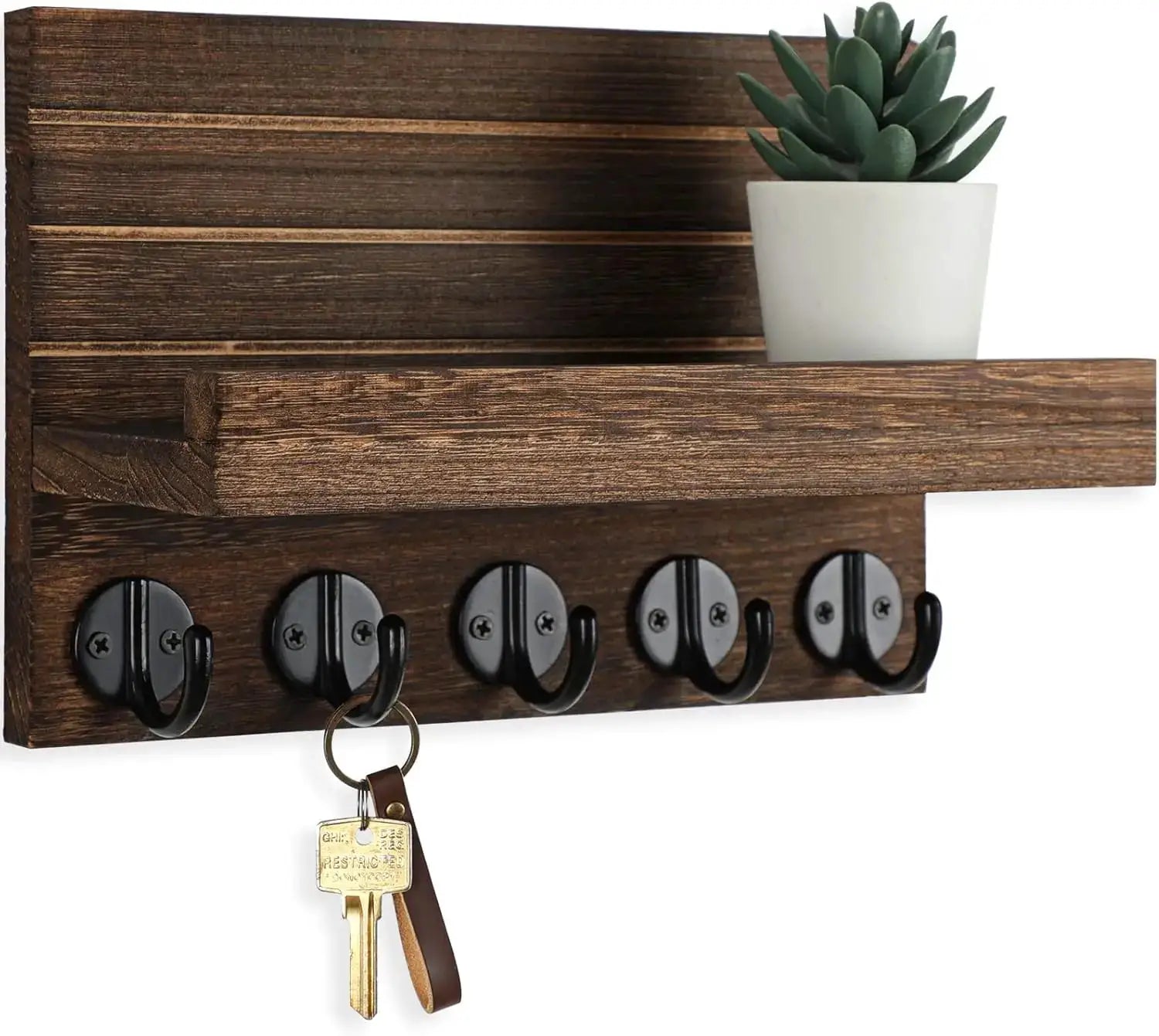 Lwenki Key Holder for Wall, Decorative Key and Mail Holder with Shelf Has Large Key Hooks for Bags, Coats – Paulownia Wood Key Hanger with Mounting Hardware (9.8”W x 6.7”H x 4.2”D) (Brown) from PriceLows™