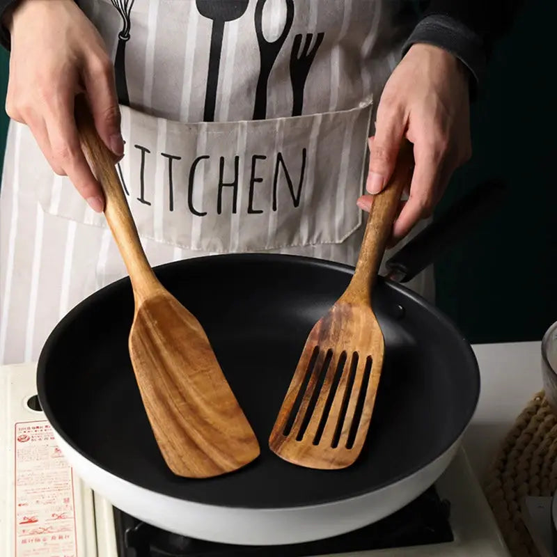 Teak Spatula Set Of 2 Wooden Spatula For Cooking Nonstick Cooking Utensils Long Handle Heat Resistant Slotted Turner Cookware from PriceLows™