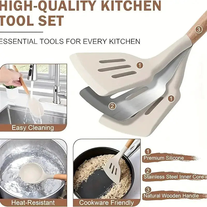 7-Piece Silicone Kitchen Utensil Set Non-Stick Cooking Tools with Heat Resistant Beechwood Handle for Baking & Cooking Spatula from PriceLows™