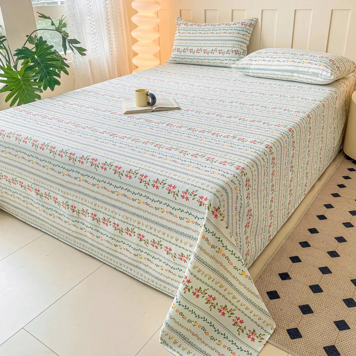 100% Cotton Coarse Weave Flat Sheet, Floral Striped Print Bed Sheet, Breathable Durable All Season Bedding for Kids & Adults from PriceLows™